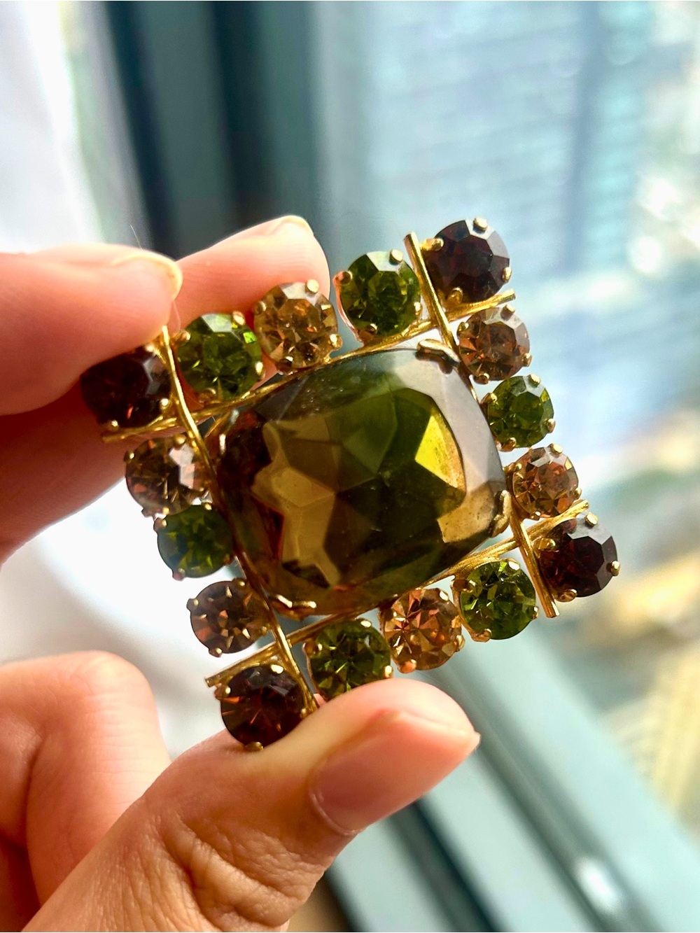 Gold-Tone Olive Green Cluster Brooch with Multitone Crystals